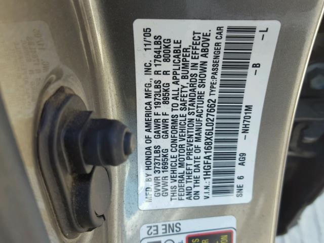 1HGFA168X6L027662 - 2006 HONDA CIVIC EX ყავისფერი ფოტო 10