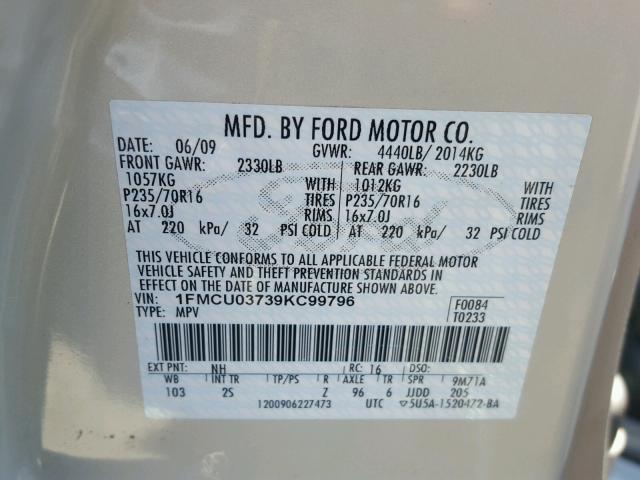 1FMCU03739KC99796 - 2009 FORD ESCAPE XLT SILVER photo 10