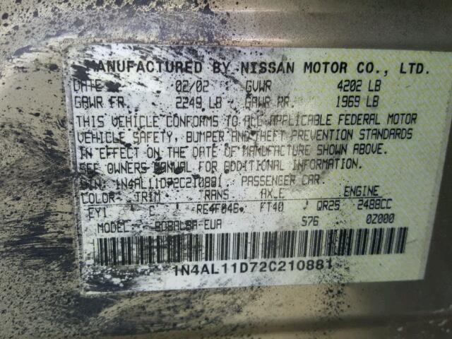 1N4AL11D72C210881 - 2002 NISSAN ALTIMA BAS GOLD photo 10