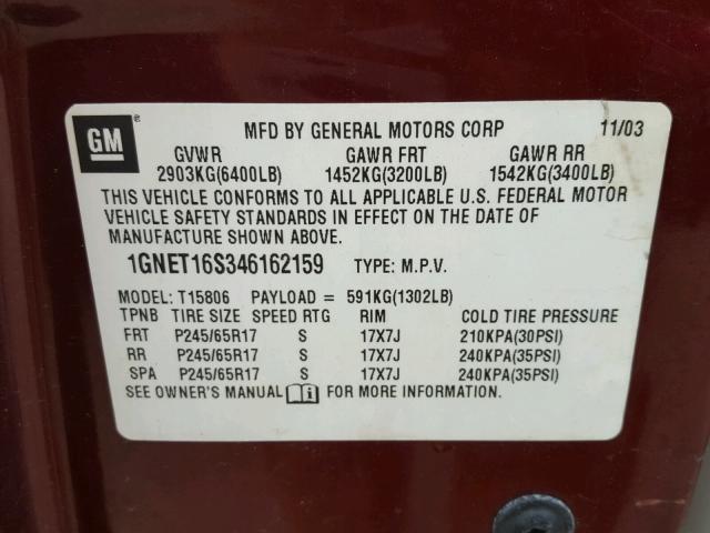 1GNET16S346162159 - 2004 CHEVROLET TRAILBLAZE MAROON photo 10