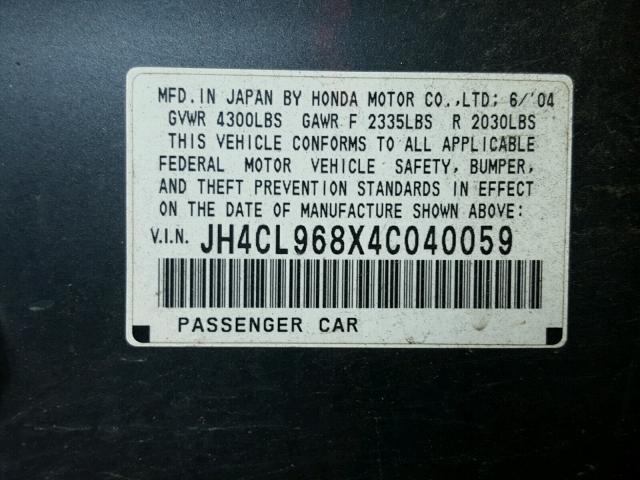 JH4CL968X4C040059 - 2004 ACURA TSX GRAY photo 10