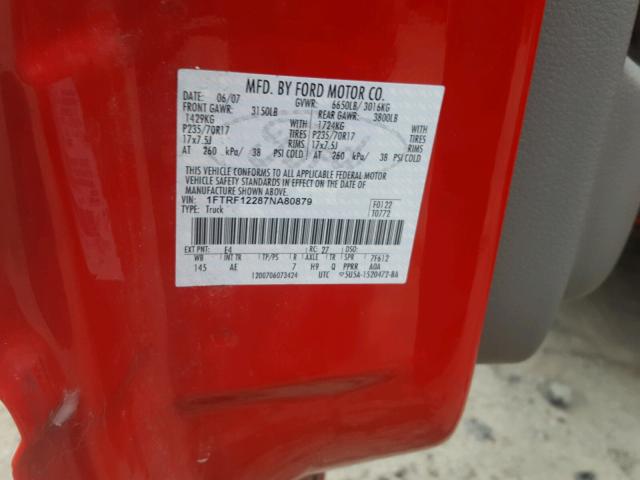 1FTRF12287NA80879 - 2007 FORD F150 RED photo 10