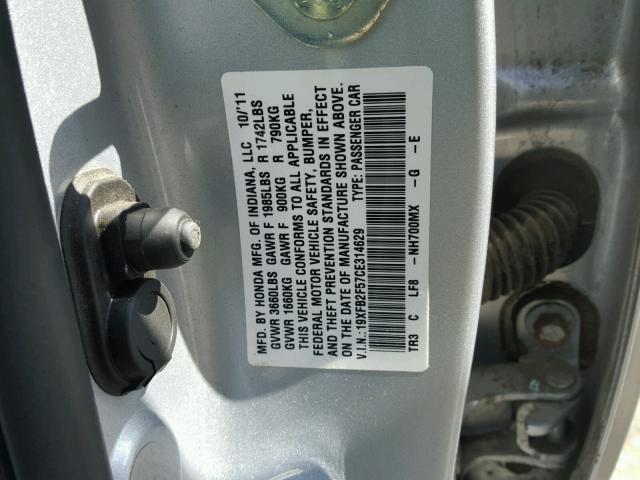 19XFB2F57CE314629 - 2012 HONDA CIVIC LX SILVER photo 10