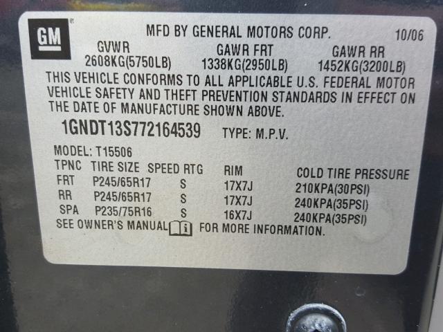 1GNDT13S772164539 - 2007 CHEVROLET TRAILBLAZE CHARCOAL photo 10