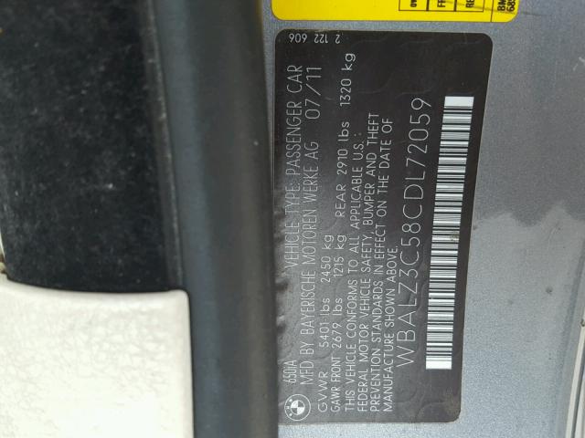 WBALZ3C58CDL72059 - 2012 BMW 650 I GRAY photo 10