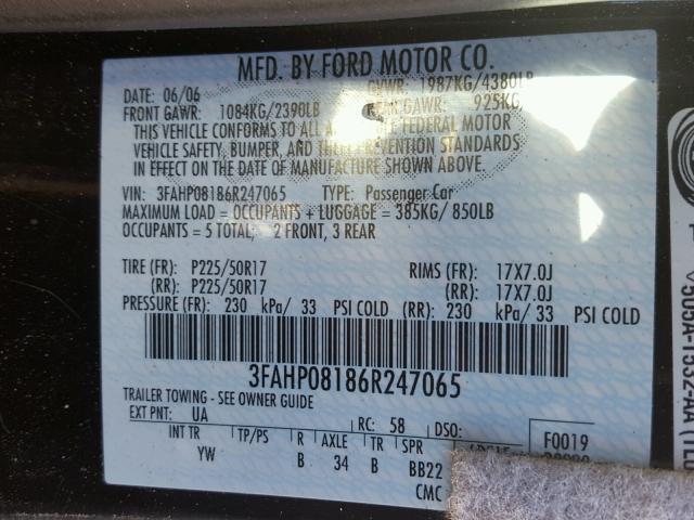 3FAHP08186R247065 - 2006 FORD FUSION SEL BLACK photo 10