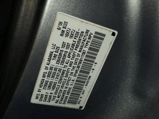 5FNRL38756B117567 - 2006 HONDA ODYSSEY EX GRAY photo 10