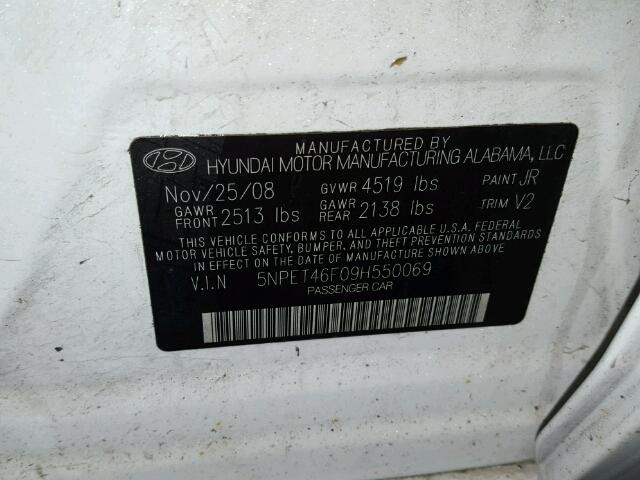 5NPET46F09H550069 - 2009 HYUNDAI SONATA GLS WHITE photo 10