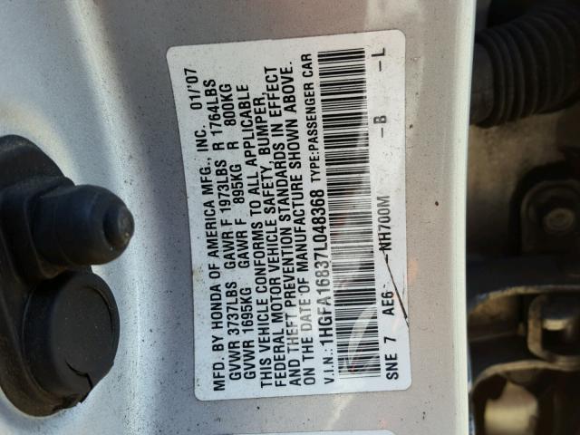 1HGFA16837L048368 - 2007 HONDA CIVIC EX Gümüş foto 10