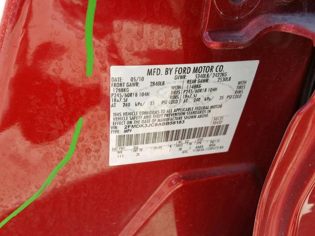 2FMDK3JC8ABB58183 - 2010 FORD EDGE SEL RED photo 10