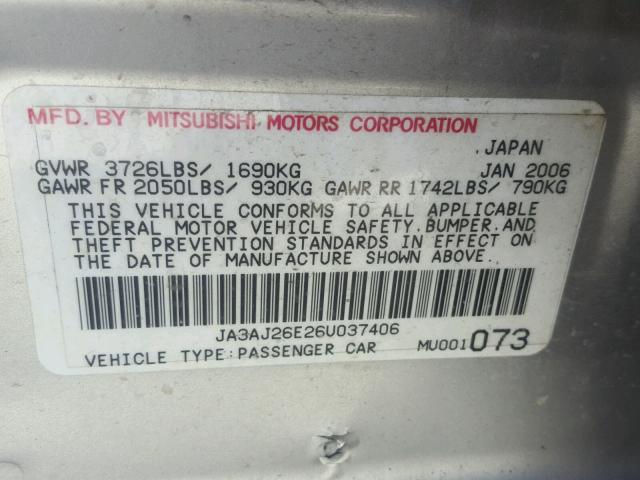 JA3AJ26E26U037406 - 2006 MITSUBISHI LANCER ES SILVER photo 10