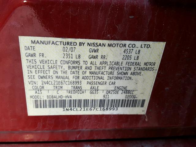 1N4CL21E67C168993 - 2007 NISSAN ALTIMA HYB RED photo 10