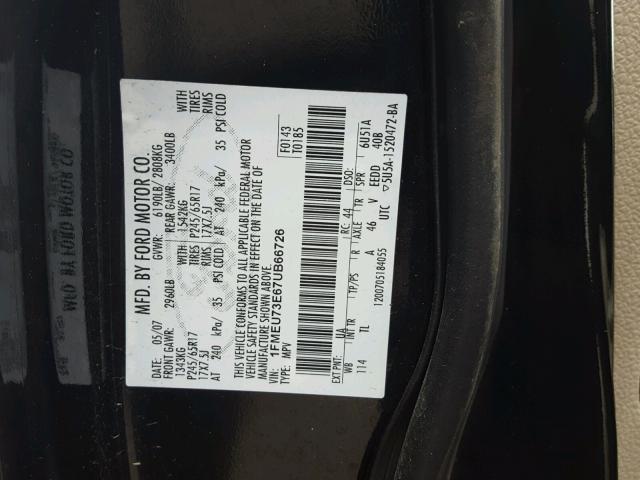 1FMEU73E67UB66726 - 2007 FORD EXPLORER X BLACK photo 10