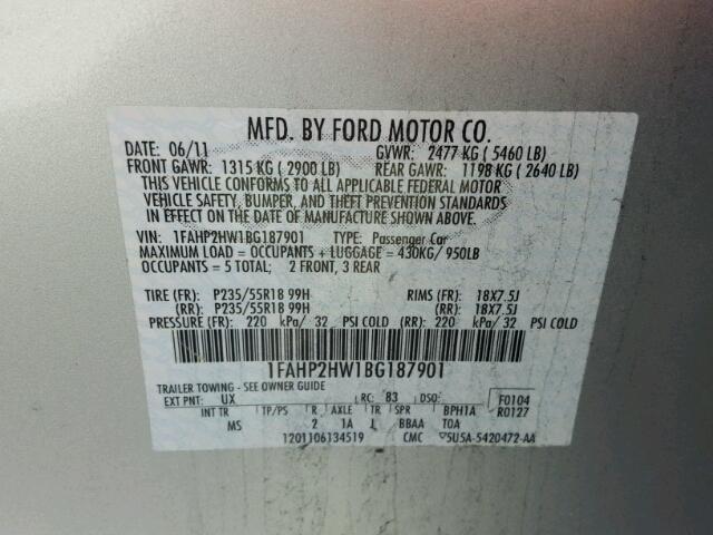 1FAHP2HW1BG187901 - 2011 FORD TAURUS SEL SILVER photo 10