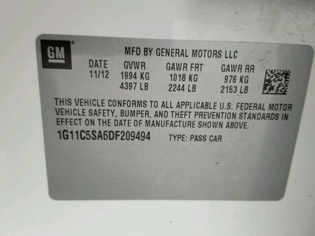 1G11C5SA6DF209494 - 2013 CHEVROLET MALIBU 1LT 白色 照片 10