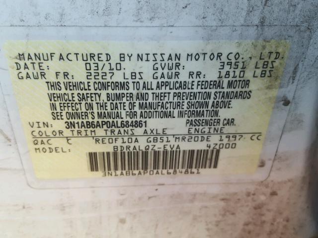 3N1AB6AP0AL684861 - 2010 NISSAN SENTRA 2.0 WHITE photo 10