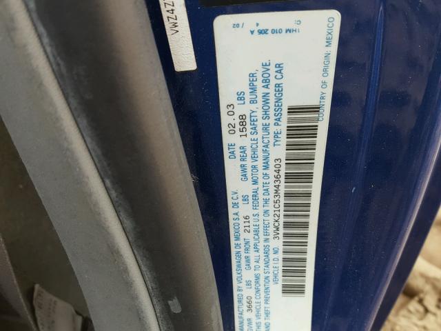 3VWCK21C53M436403 - 2003 VOLKSWAGEN NEW BEETLE 蓝色 照片 10