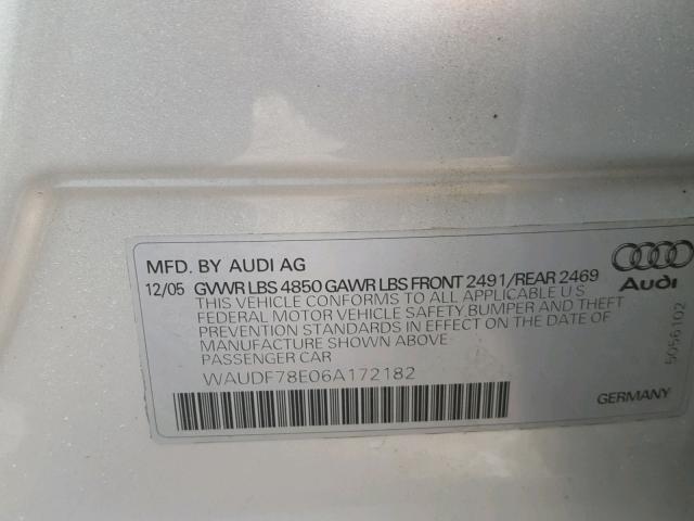 WAUDF78E06A172182 - 2006 AUDI A4 2.0T QU SILVER photo 10