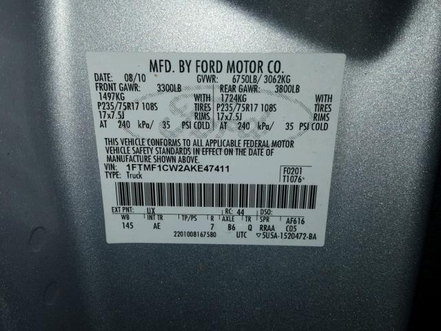 1FTMF1CW2AKE47411 - 2010 FORD F150 GRAY photo 10