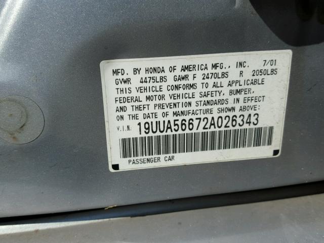 19UUA56672A026343 - 2002 ACURA 3.2TL SILVER photo 10