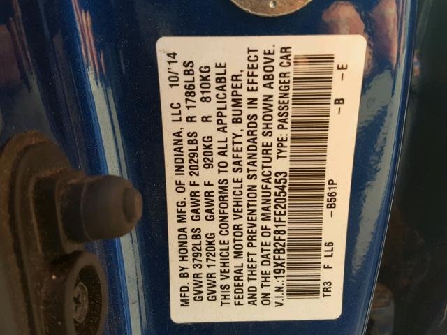 19XFB2F81FE205453 - 2015 HONDA CIVIC EX BLUE photo 10