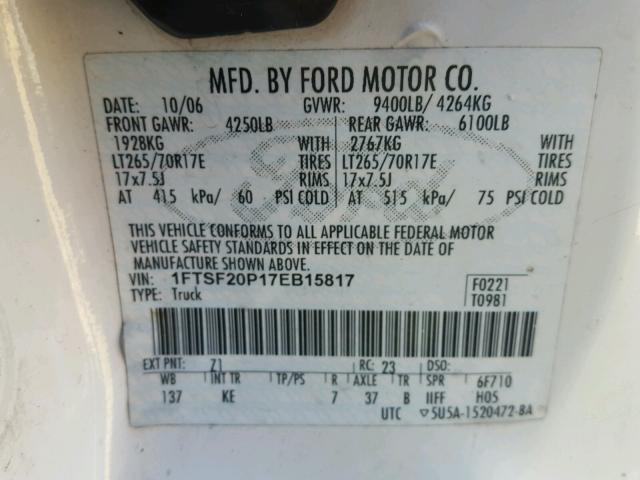 1FTSF20P17EB15817 - 2007 FORD F250 SUPER WHITE photo 10