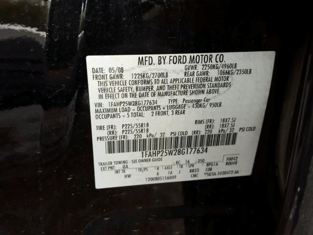 1FAHP25W28G177634 - 2008 FORD TAURUS LIM BLUE photo 10