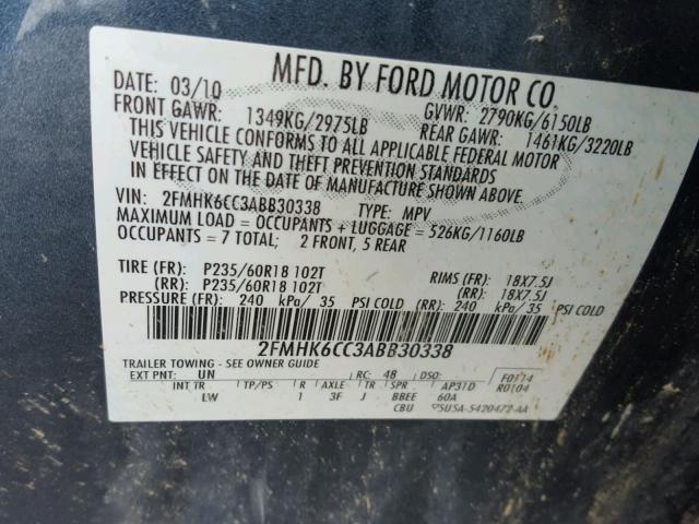 2FMHK6CC3ABB30338 - 2010 FORD FLEX SEL BLUE photo 10