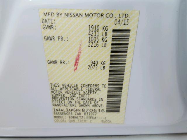 1N4AL3AP6FN870636 - 2015 NISSAN ALTIMA 2.5 WHITE photo 10