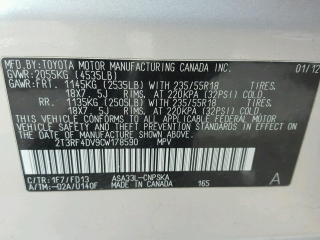 2T3RF4DV9CW178590 - 2012 TOYOTA RAV4 SPORT SILVER photo 10