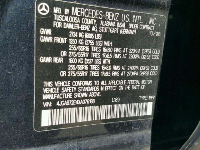 4JGAB72E4XA076188 - 1999 MERCEDES-BENZ ML 430 蓝色 照片 10