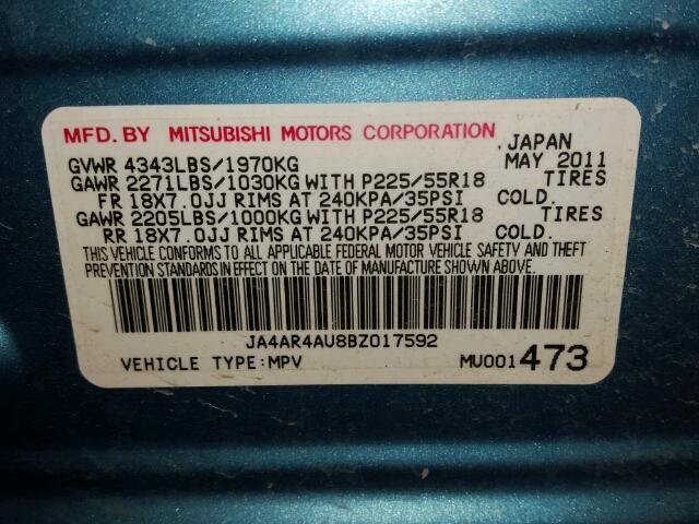 JA4AR4AU8BZ017592 - 2011 MITSUBISHI OUTLANDER TEAL photo 10