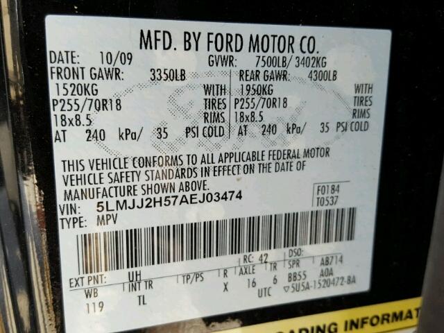 5LMJJ2H57AEJ03474 - 2010 LINCOLN NAVIGATOR შავი ფოტო 10