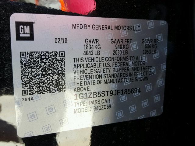 1G1ZB5ST9JF185694 - 2018 CHEVROLET MALIBU LS შავი ფოტო 10