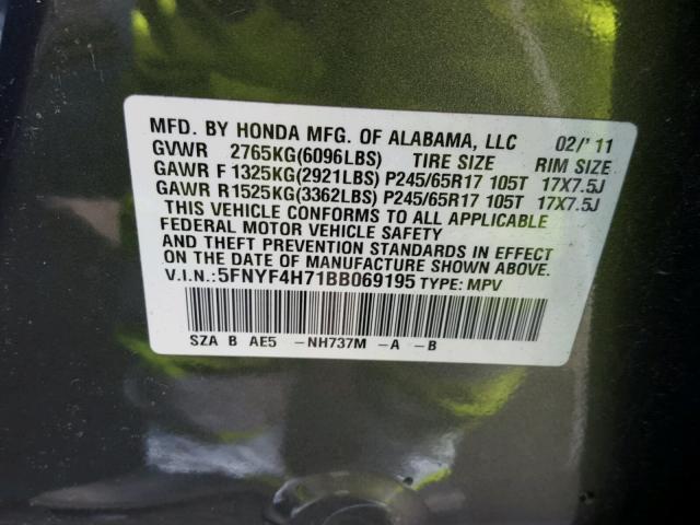 5FNYF4H71BB069195 - 2011 HONDA PILOT EXLN GRAY photo 10