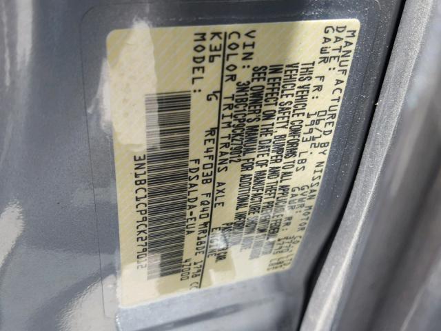 3N1BC1CP9CK279012 - 2012 NISSAN VERSA S GRAY photo 10