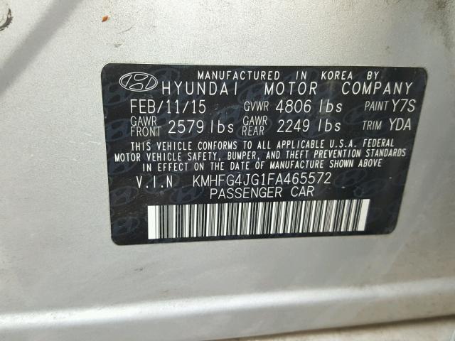 KMHFG4JG1FA465572 - 2015 HYUNDAI AZERA SILVER photo 10