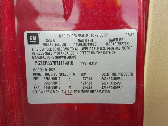 5GZER33767J119910 - 2007 SATURN OUTLOOK SP მუქწითელი ფოტო 10