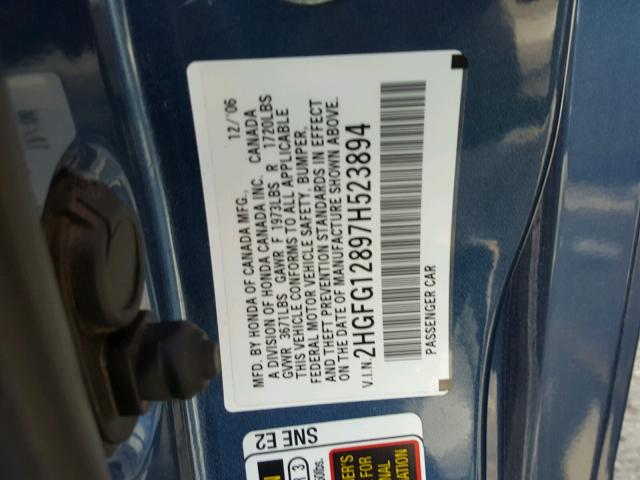 2HGFG12897H523894 - 2007 HONDA CIVIC EX ლურჯი ფოტო 10