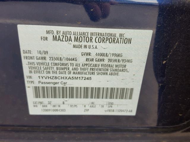 1YVHZ8CHXA5M17245 - 2010 MAZDA 6 I ლურჯი ფოტო 10