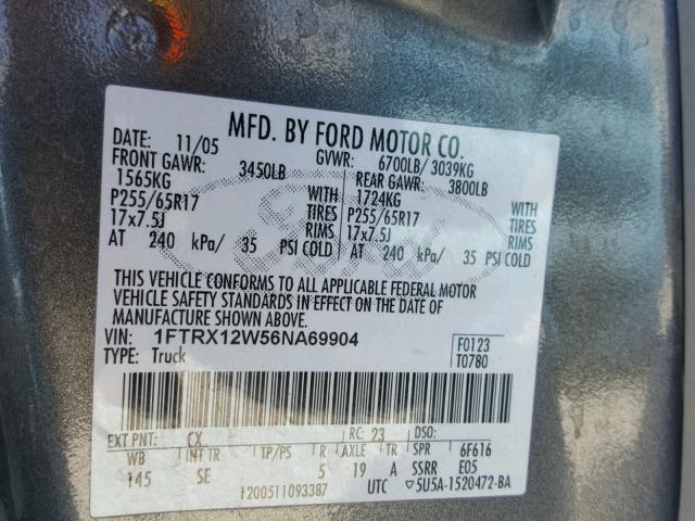 1FTRX12W56NA69904 - 2006 FORD F150 GRAY photo 10