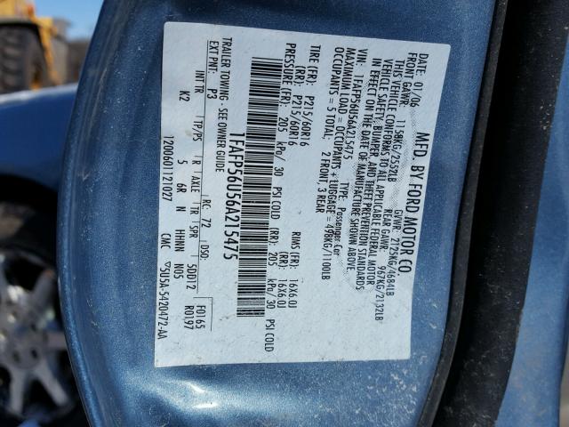 1FAFP56U56A215475 - 2006 FORD TAURUS SEL BLUE photo 10