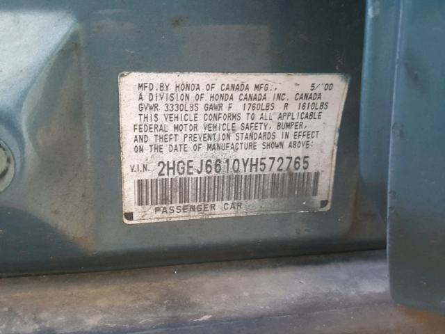 2HGEJ6610YH572765 - 2000 HONDA CIVIC BASE Dəniz mavisi foto 10