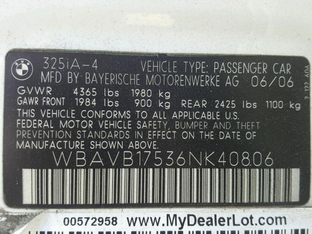 WBAVB17536NK40806 - 2006 BMW 325 I AUTO WHITE photo 10