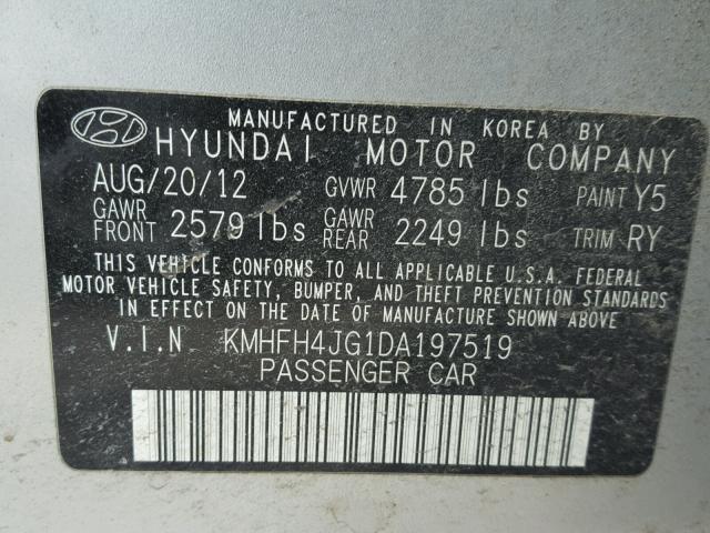 KMHFH4JG1DA197519 - 2013 HYUNDAI AZERA GLS SILVER photo 10