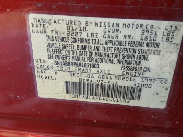 3N1AB6AP6AL661603 - 2010 NISSAN SENTRA 2.0 RED photo 10