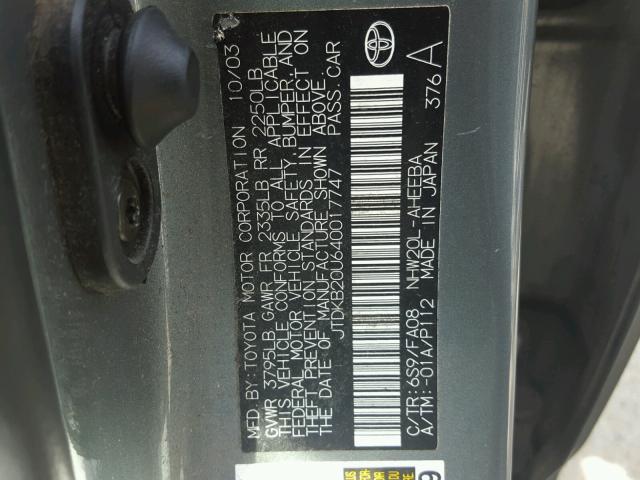 JTDKB20U640017747 - 2004 TOYOTA PRIUS GRAY photo 10