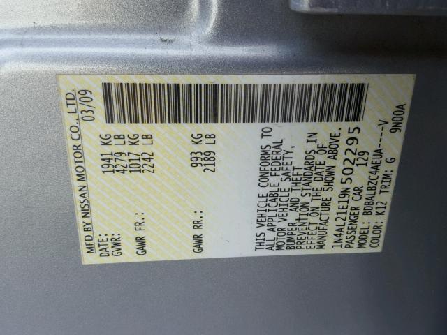 1N4AL21E19N502295 - 2009 NISSAN ALTIMA 2.5 SILVER photo 10