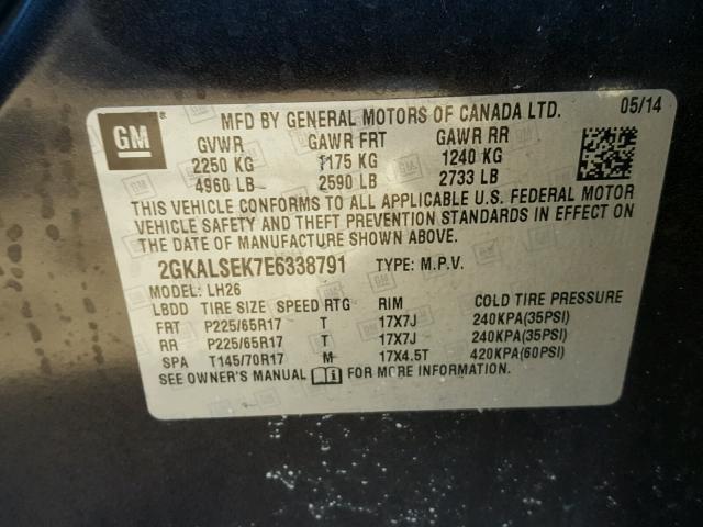 2GKALSEK7E6338791 - 2014 GMC TERRAIN SL GRAY photo 10