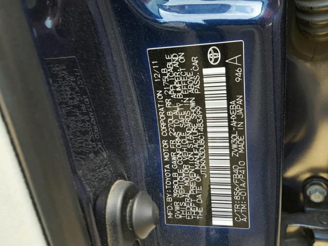 JTDKN3DU8C1483499 - 2012 TOYOTA PRIUS BLUE photo 10